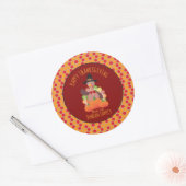 ホリデーハッピーサンクスギビングターキーファミリー名 ラウンドシール (封筒)