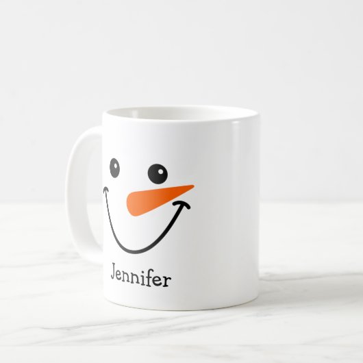 ホリデーハッピー雪だるま顔パーソナライズされた名 コーヒーマグカップ (正面左)