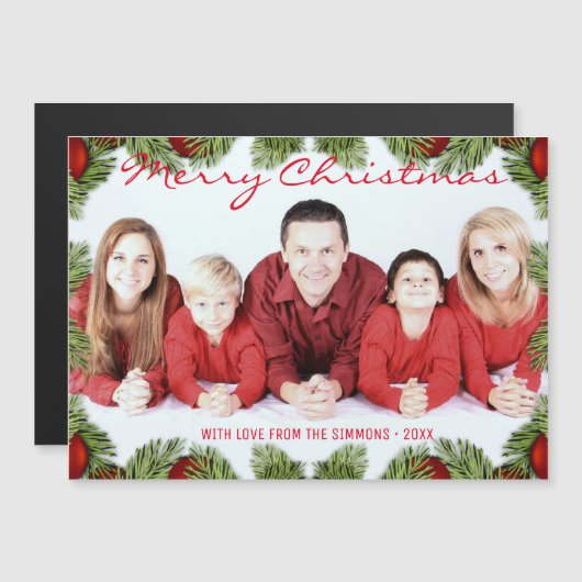 ホリデーバウブルとパインクリスマス磁気カード マグネット招待状 (正面/裏面)