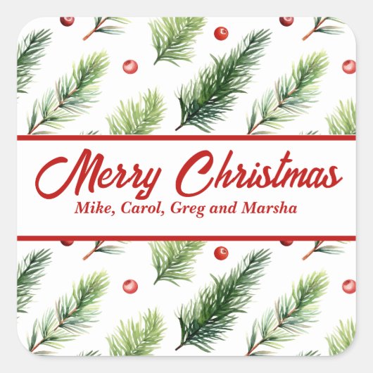 ホリデーパインアンドベリーカスタムクリスマス スクエアシール (正面)