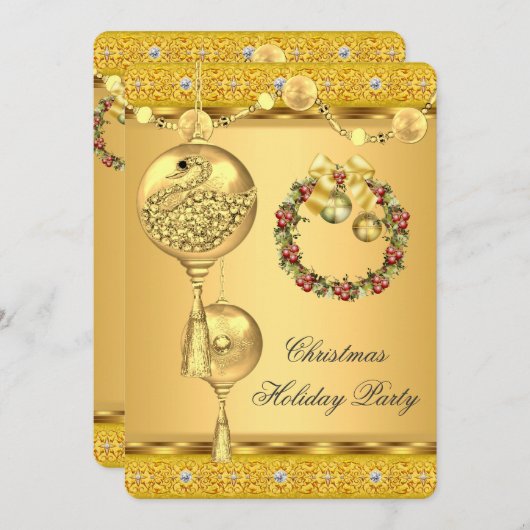 ホリデーパエレガントーティ金ゴールドイエロークリスマス 招待状 (正面/裏面)
