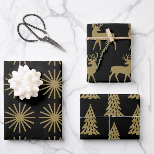 ホリデーパターンブラックと金ゴールド ラッピングペーパーシート (正面)