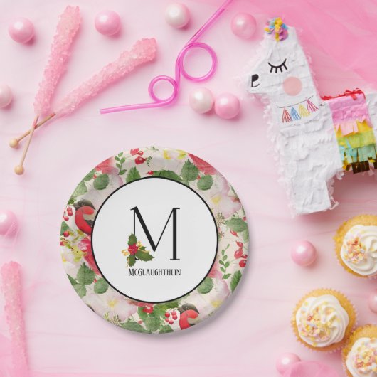 ホリデーパターンモノグラムイニシャルM パーソナライズされた ペーパープレート (パーティー)