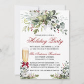 ホリデーパーティウォーターカラーグリーンリーベリーグラス 招待状 (正面)