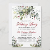 ホリデーパーティウォーターカラーグリーンリーレッドベリー 招待状 (正面)