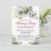 ホリデーパーティウォーターカラーグリーンリーレッドベリー 招待状 (スタンド正面)