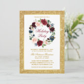 ホリデーパーティウォーターカラーフローラ金ゴールドグリッター 招待状 (スタンド正面)