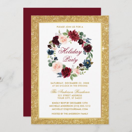 ホリデーパーティウォーターカラーフローラ金ゴールドグリッター 招待状 (正面/裏面)