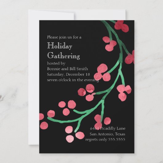 ホリデーパーティウォーターカラーベリーブランチレッドグリーン 招待状 (正面)