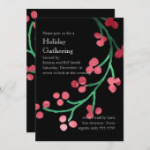 ホリデーパーティウォーターカラーベリーブランチレッドグリーン 招待状 (正面/裏面)