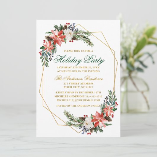 ホリデーパーティウォーターカラーポインセチア金ゴールドグリーン 招待状 (スタンド正面)