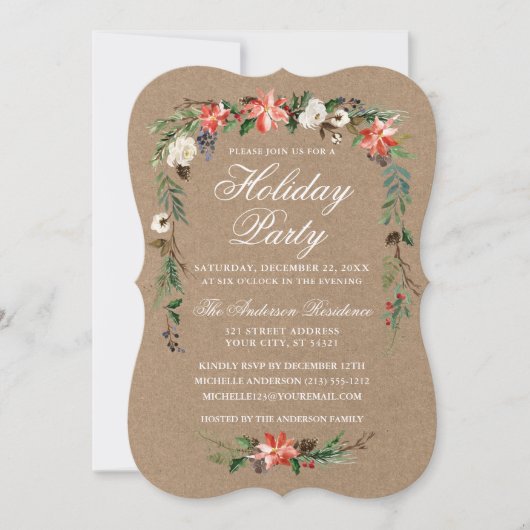 ホリデーパーティウォーターカラーポインセティアクラフト 招待状 (正面)