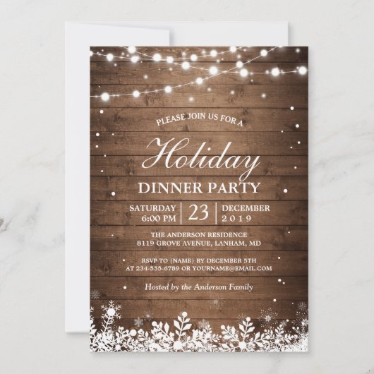 ホリデーパーティウ素朴ィードストリングライツライトスノーフレーク 招待状 (正面)
