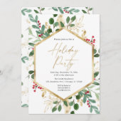 ホリデーパーティグリーン金ゴールドレッドホリエレガントーズ 招待状 (正面/裏面)