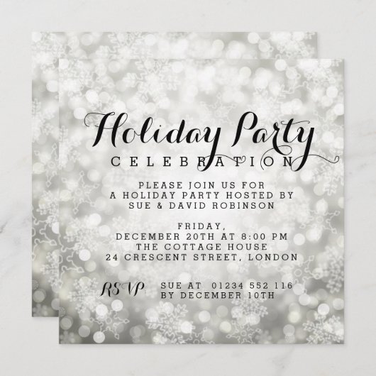 ホリデーパーティシルバースノーきらめくフレークライト 招待状 (正面/裏面)