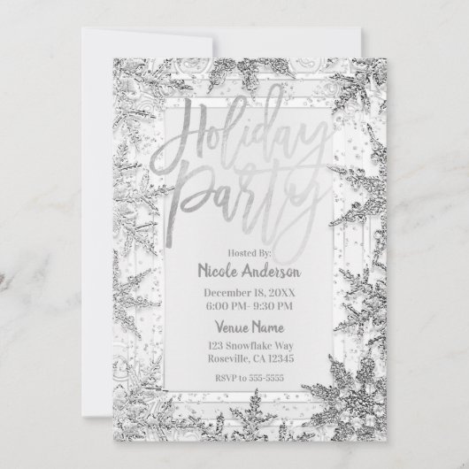 ホリデーパーティシルバースノーフレークモダンスクリプト 招待状 (正面)