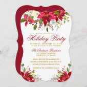ホリデーパーティレッドウォーターカラーフローラポインセチア 招待状 (正面/裏面)