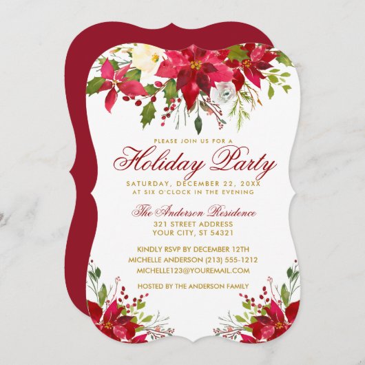 ホリデーパーティレッドウォーターカラーフローラポインセチア 招待状 (正面/裏面)
