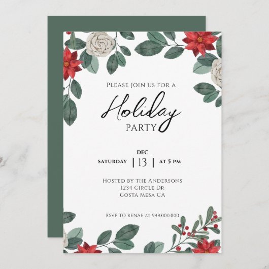 ホリデーパーティレッドグリーンフローラ 招待状 (正面/裏面)