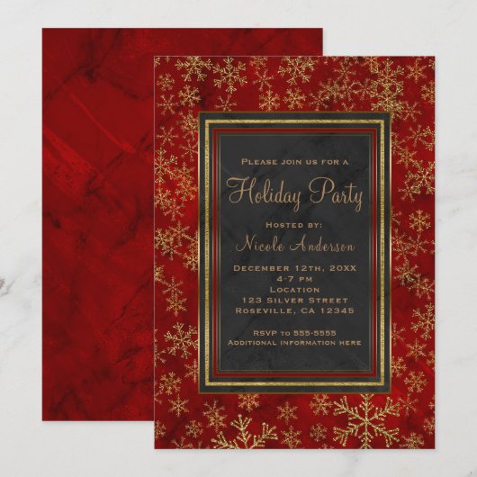 ホリデーパーティレッドマーブル金ゴールドスノーフレークエレガント 招待状 (正面/裏面)