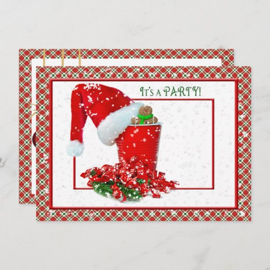 ホリデーパーティーとレッドパーティーカップ 招待状 (正面/裏面)