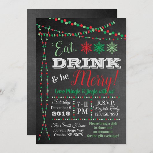 ホリデーパーティーのお誘い - 食べて、飲んで、楽しく 招待状 (正面/裏面)