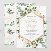 ホリデーパーティーの緑とゴールドと赤いホーリーのエレガントなデザイン 招待状 (正面/裏面)