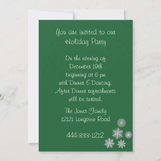 ホリデーパーティー招待状グリーンスノーフレークオーナメント 招待状 (裏面)