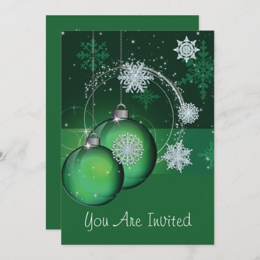 ホリデーパーティー招待状グリーンスノーフレークオーナメント 招待状 (正面/裏面)