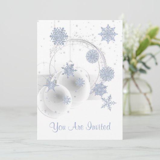 ホリデーパーティー招待状ホワイト、オーナメントスノーフレーク 招待状 (スタンド正面)