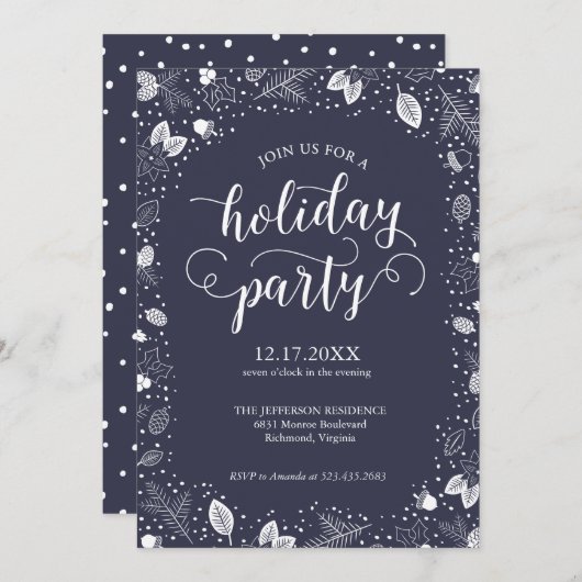 ホリデーパーティー招待状書道の冬の葉 招待状 (正面/裏面)
