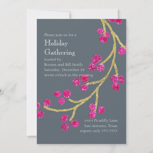 ホリデーパーティー金ゴールドとピンクベリーブランチAny Color 招待状 (正面)