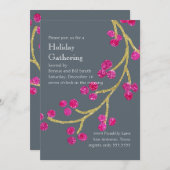 ホリデーパーティー金ゴールドとピンクベリーブランチAny Color 招待状 (正面/裏面)