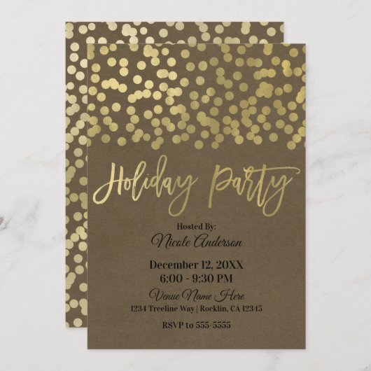 ホリデーパーティー金ゴールドモダンスクリプトシ素朴ック 招待状 (正面/裏面)