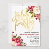 ホリデーパーティー金ゴールドモダンスクリプトフローラベリー 招待状 (正面)