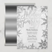 ホリデーパーティー シルバー スノーフレーク モダン スクリプト 招待状 (正面/裏面)