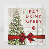 ホリデーパーティー | ツリーモダン、ライト、および赤リボン 招待状 (正面)