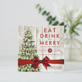 ホリデーパーティー | 現代の木, ライト & 赤いリボン 招待状 (スタンド正面)