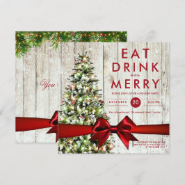 ホリデーパーティー | 現代の木, ライト & 赤いリボン 招待状