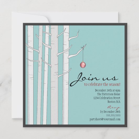 ホリデーパーティー　白樺の木と赤いオーナメントの招待状 招待状 (正面)