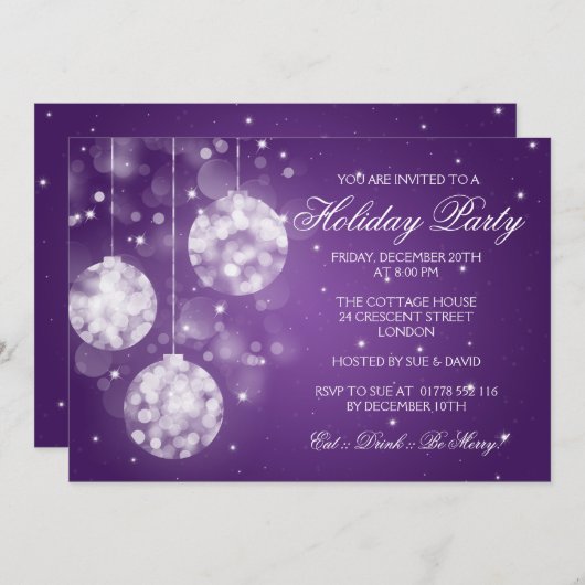 ホリデーパーティ招待状きらめくボーブルズパープル 招待状 (正面/裏面)