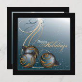 ホリデーパーティ招待状-ティール(緑がかった色)&金ゴールドオーナメント 招待状 (正面/裏面)