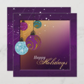 ホリデーパーティ招待状-パープル&金ゴールドオーナメント 招待状 (正面/裏面)