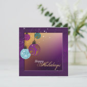 ホリデーパーティ招待状-パープル&金ゴールドオーナメント 招待状 (スタンド正面)