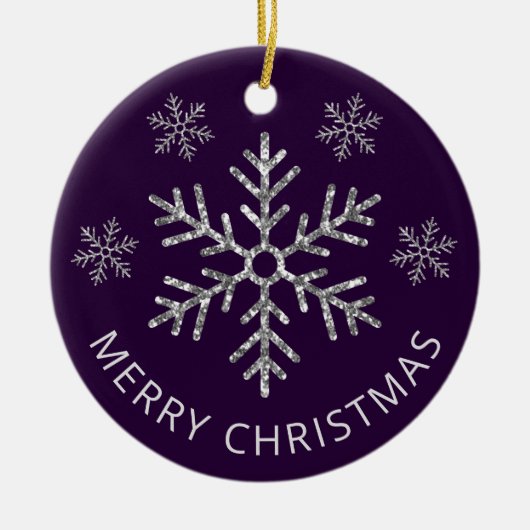 ホリデーパープルシルバーグリッタークリスマススノーフレーク セラミックオーナメント (正面)