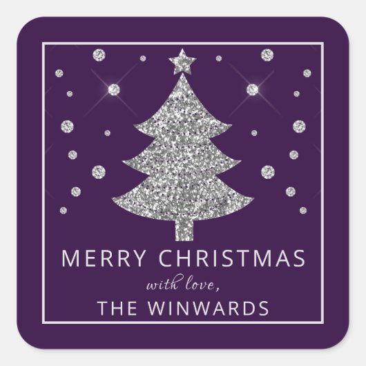 ホリデーパープル&シルバーグリッタークリスマスツリー スクエアシール (正面)