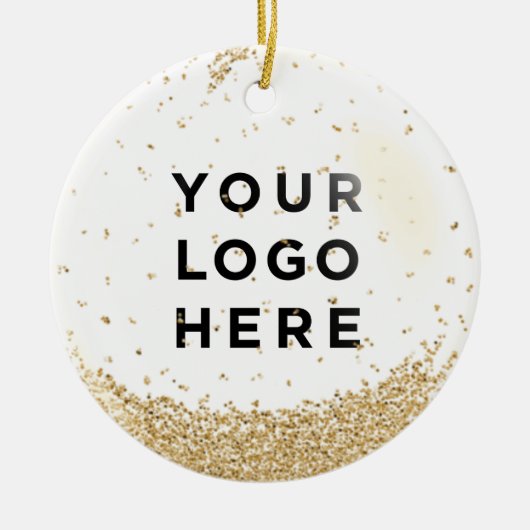 ホリデービジネスロゴ金ゴールドグリッター降雪 セラミックオーナメント (正面)