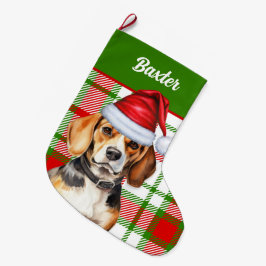 ホリデービーグルレッドグリーンプレイドと犬の名前 ラージクリスマスストッキング