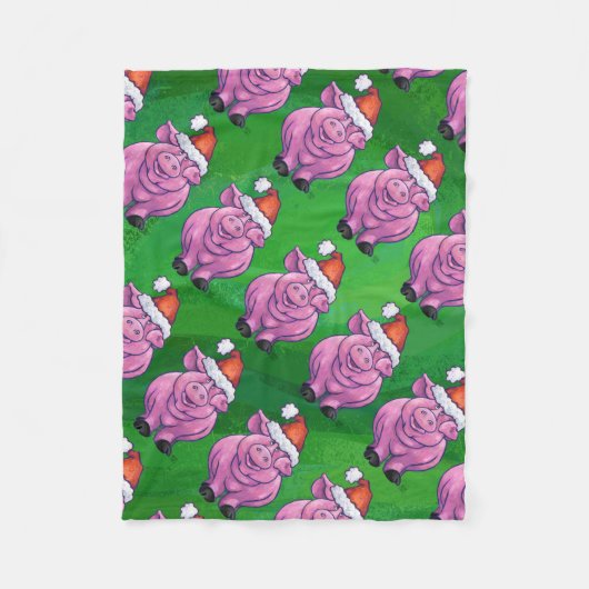 ホリデーピッグinサンタハットパターンオングリーン フリースブランケット (正面)