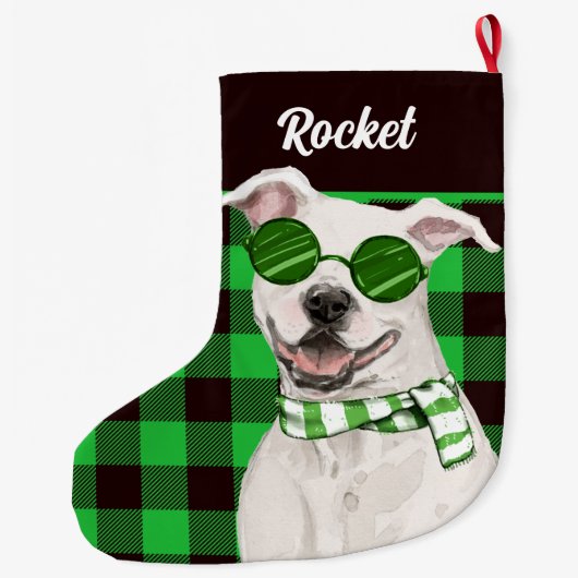ホリデーピットブルとグリーンプライド犬の名前 ラージクリスマスストッキング (裏面)